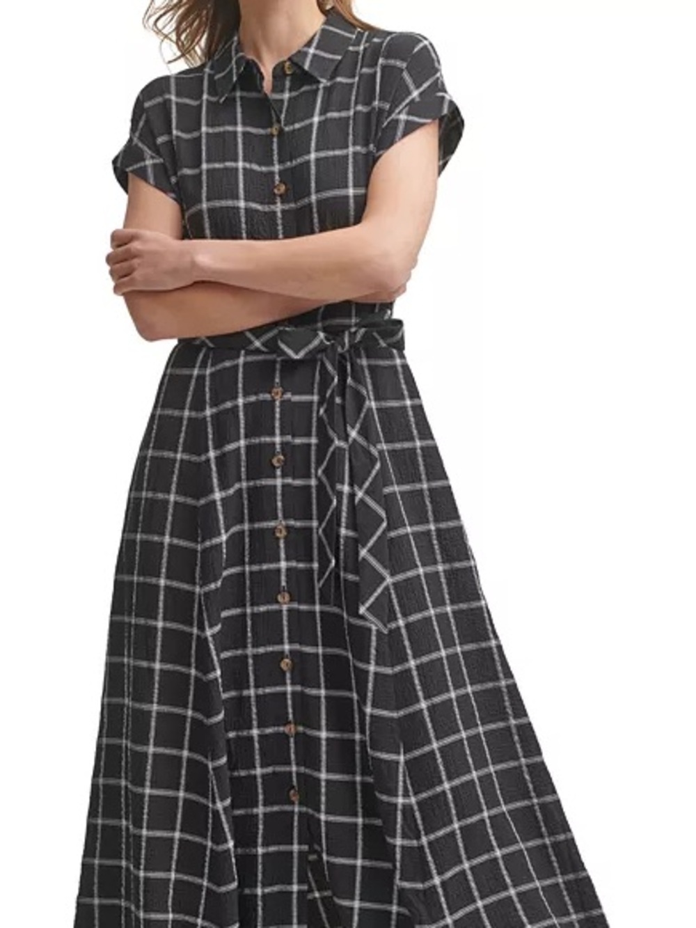 Calvin Klein Black Windowpane Button-Front Maxi Skirt with Self-Tie Waist
